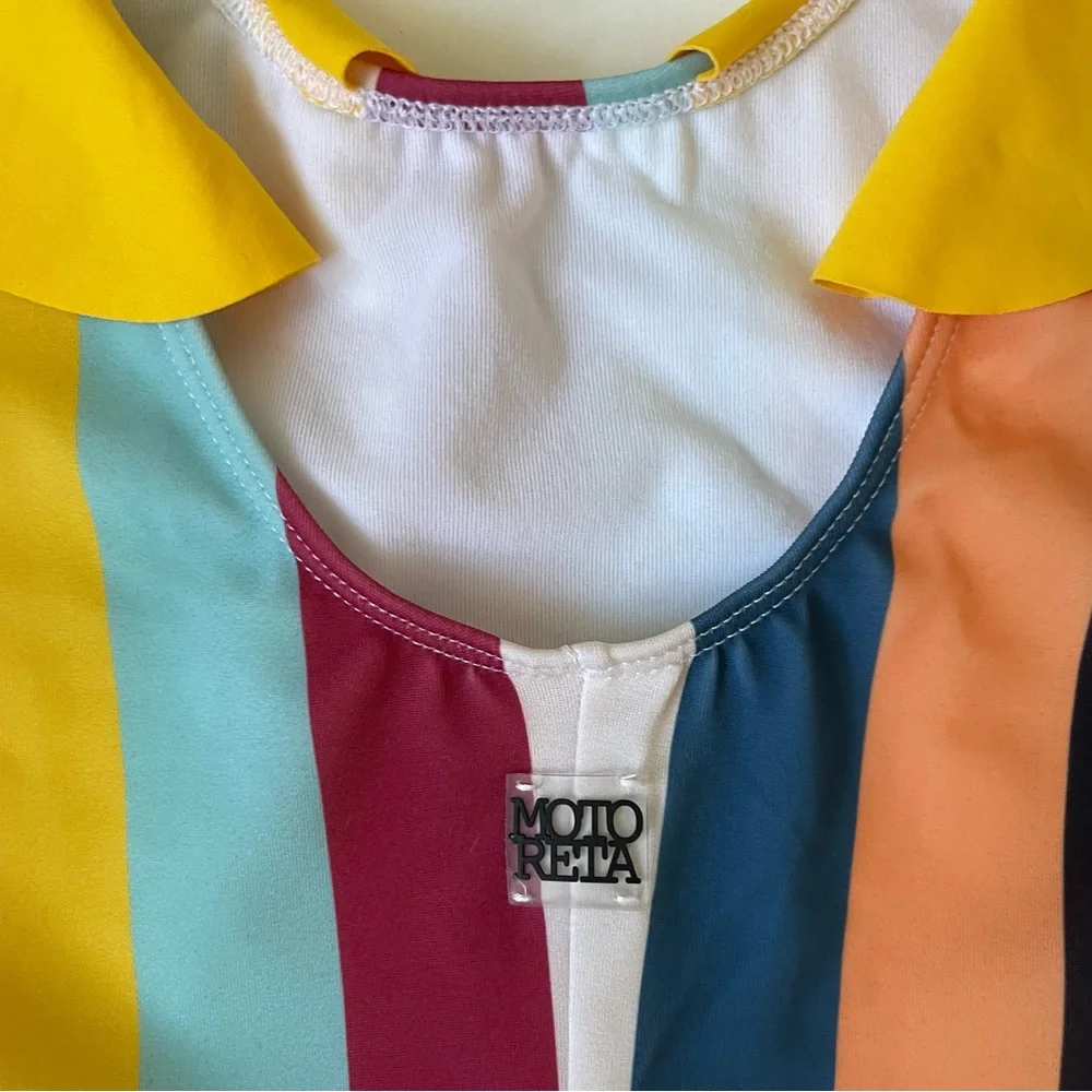 Girls' Multicolor Striped One-Piece Swimsuit with Yellow Peter Pan Collar